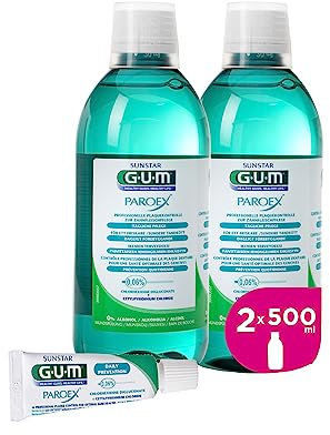 GUM PAROEX 0,06% Pflege- Mundspülung | fortschrittliche Zahnfleischpflege | Zweifach-Antiplaque-System | beruhigt empfindliches Zahnfleisch | alkoholfrei | 2 x 500 (mit 1 Gratisprobe)