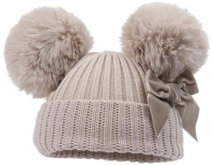 Mini Mart Online Limited Deluxe Ribbed Design Hat with Pom Poms & Bow - Beige/NB - 12 Months