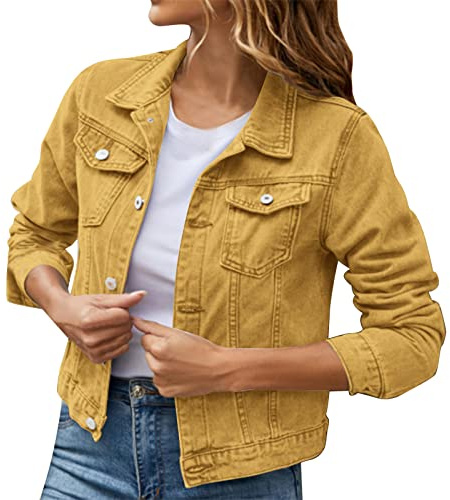 L9WEI damjeansjacka vintage jeans jacka dam höst kort övergångsjacka med knapp casual revers kura kappa, GUL, L