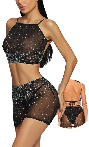 Kimfeng Women Sexy Lingerie Set Bling Rhinestone Sheer Mini Micro Bra G-string Panty Set