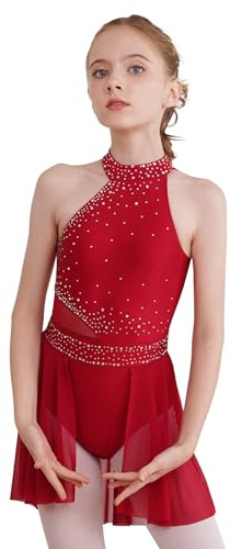 YiZYiF Vestito Danza Classica Ragazza Bambina Abito da Pattinaggio Artistico Senza Maniche Strass Leotards da Danza Vestito da Balletto Dancewear Borgogna 9-10 anni