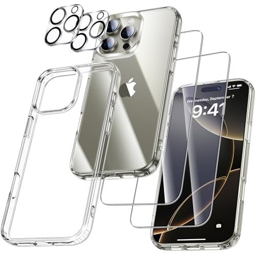UniqueMe für iPhone 16 Pro Hülle - Handyhülle für iPhone 16 Pro Case, 5 in 1 Set Rundumschutz Schutzhülle Cover,1 Handyhülle & 2 Schutzfolie & 2 Kameraschutz - Transparent