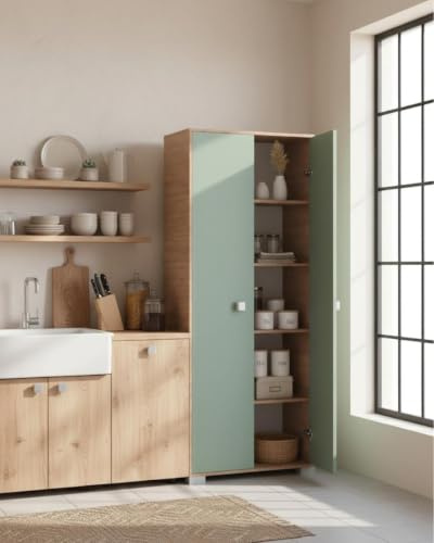 DOOMOSTORE LOVING YOUR HOME Armadio multiuso Clara 2 ante - Mobile contenitore dispensa salvaspazio - Ante in color salvia e struttura in virginia - 5 ripiani interni - 75x180x35 cm_