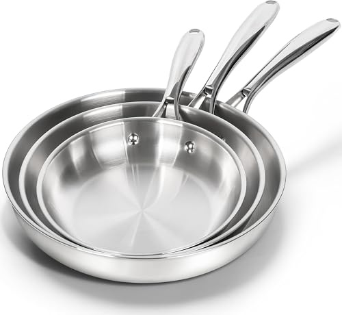 MICHELANGELO 18/10 Stainless Steel Frying Pan Set, 20/24/28cm Steel Frying Pans, Triply Base Stainless Steel Pans Set with Ergonomic Handle, Induction Compatible