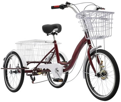 Fliuyr Dreirad 20 Zoll,3-Rad-Fahrräder mit Ablagekörbe Vorne und Hinten,6-Gang Senioren,Einstellbare Lenkerhöhe,170x60cm Trommelbremsen vorne und hinten,Städtisches Dreirad für Ältere,Erwachsene