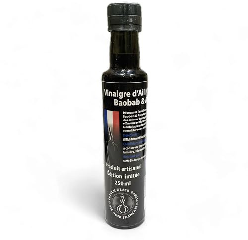 French Black Garlic - Vinaigre à l'Ail Noir, Baobab et Aloe Vera - Ingrédient Culinaire de Prestige - Antioxydant Naturel, Riche en Vitamines et Oligo-Éléments - 250ml