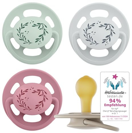 nip - Cherry Green | 0-6 Monate | 4er Pack | Kirschform | Stillfreundlicher, kiefergerechter Babyschnuller aus Naturkautschuk. Nachhaltiger Schnuller aus natürlichen Rohstoffen, Rot/Grau