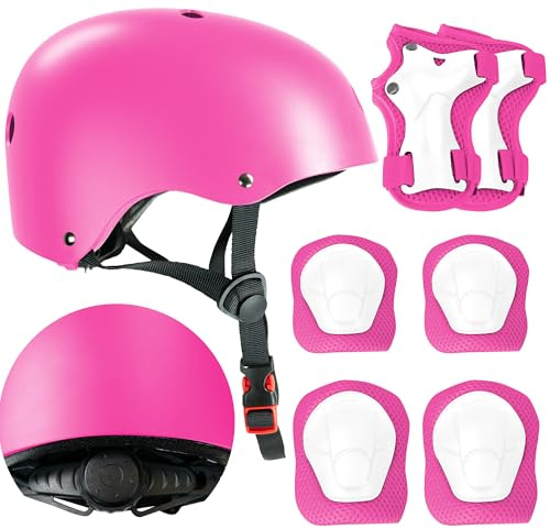 Kids Bike Helmet with Knee & Elbow Pads Set - Multi-Sport Helmet for Ages 3-12 - Toddler, Boys & Girls Protective Gear for Cycling, Skating, Scooter - Adjustable Design - Pink