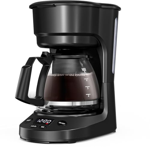 WAA 5 Cup Drip Coffee Maker, Portable Coffee Machine with Programmable Timer, Coffee Pots with Reusable Filter, Auto Shut-Off and Keep Warm Plate, Delay Brew, 25oz Water Tank, Black