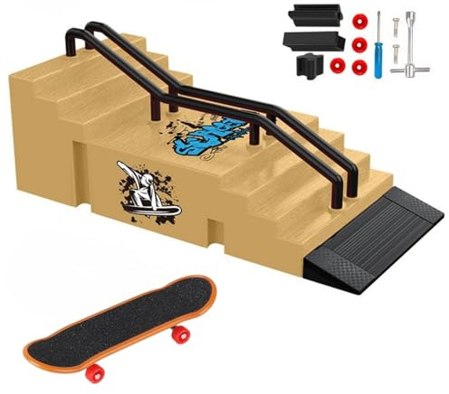 TriUnytion Finger skateboard och ramp tillbehörsset, mini fingerboard park kit gör-det-själv däck lastbil fingerskateboard ramp kit för barn, pojkar och flickor gåva, gul (f)