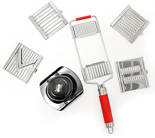 BergHOFF 6Pc Stainless Steel Multi-Slicer Pro/Mandoline 4 Interchangeable Sharp Blades with Safe Guard Hand Protector Lightweight, Silver and Red
