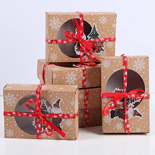 DOJoykey Gift Boxes with Red Ribbon for Christmas, 6pcs Kraft Paper Treat Box with Window for Christmas Bakery Chocolate Lolly Pop Sweets Cookies