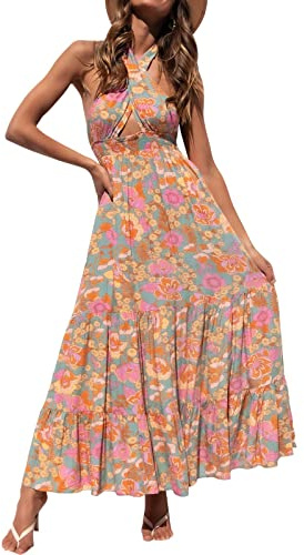 ZESICA Vestido Maxi sin Mangas con Cuello Halter y Corte a Cuadros sin Espalda y sin Espalda para Mujer, Gris/Verde, X-Large