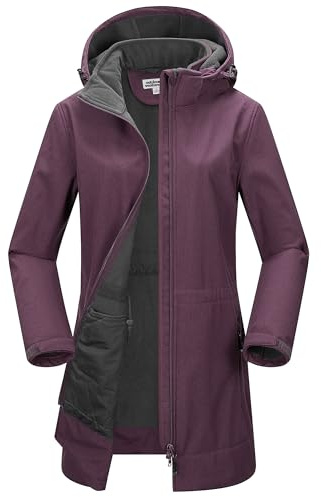 Outdoor Ventures Dam softshell lång jacka med huva fleece fodrad vindtät jacka för kvinnor vattentät vindjacka