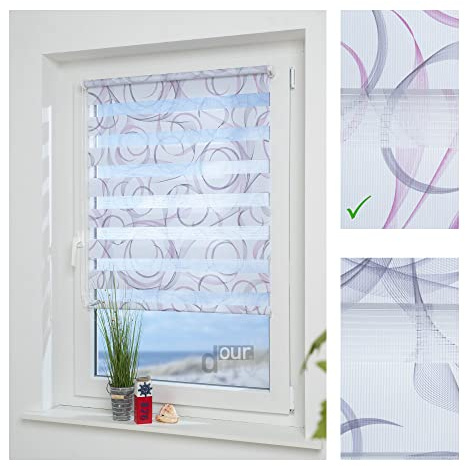 ourdeco® Doppel-Rollo, Duo Rollo Klemmfix / 120 x 160 cm, mit Druckmotiv Espiral pink/lichtdurchlässig, Blickdicht