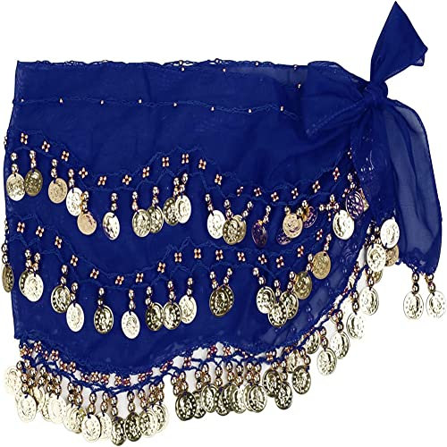 Damen Bauchtanz Gürtel, Chiffon Hüfttuch, Tanztuch mit Münzen für Bauchtanz,Blau