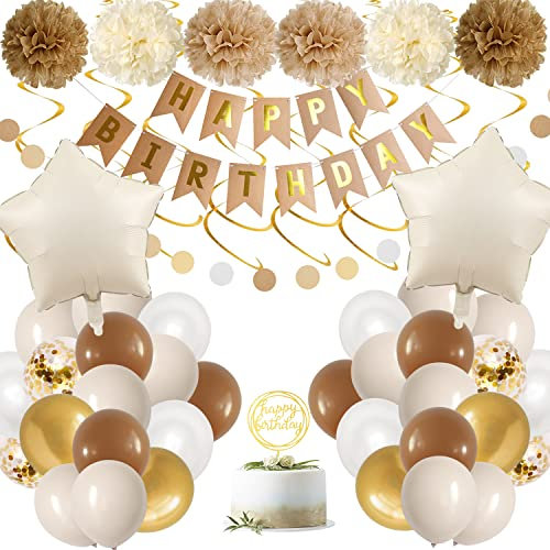 Geburtstagsdeko, Luftballons Geburtstag Set, Braun Weiß Beige Gold Boho Luftballons mit Papierbommeln, Happy Birthday Banner, Konfetti Ballons für Geburtstag Dekoration Mädchen Jungen Frauen Männer