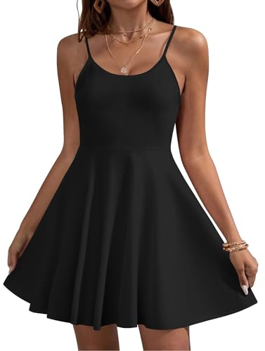 HOTOUCH Women's 2026 Summer Dress Adjustable Spaghetti Strap Floral Fit & Flare Beach Sundress with Pockets, Black S