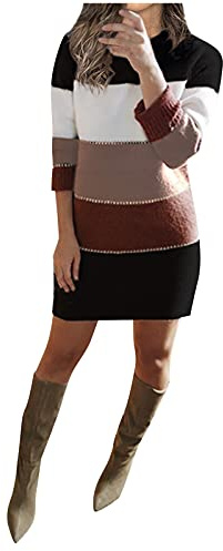 Minikeider - Vestido corto de punto para mujer, vestido de otoño, cuello redondo, manga larga, vestido de jersey monocolor, patchwork, suéter de punto, cálido, cómodo, entallado, informal, vestido