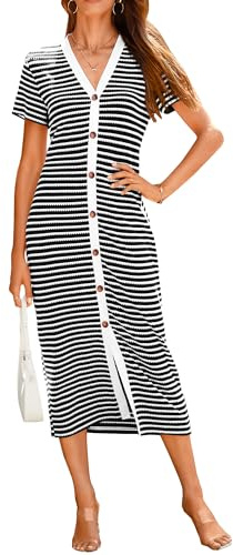 BTFBM Women Casual Summer Dresses Short Sleeve Striped Midi Dresses Button Down Ribbed Knit Dresses Party Dresses, Black, L