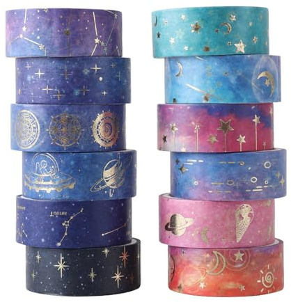 Uskerb 12 Rolls Washi Tape Set - Galaxy Purple Decorative Masking Tape for Scrapbooking, Planners, Crafts, Journals, Bullet Journals, Premium Washi Paper, Easy to Use