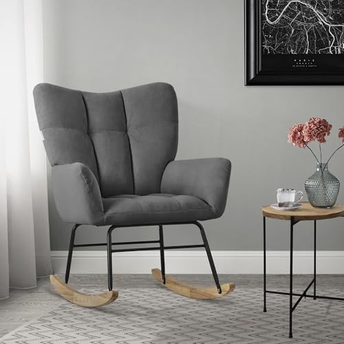 ML-Design Mecedora con Funda de Rizo Gris Oscuro Tumbona con Guías de Madera Sillón Ergonómico Reclinable con Reposabrazos Diseño Elegante Mueble Tapizado para Relax Salón Dormitorio Balcón
