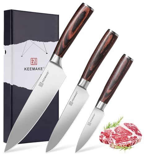 KEEMAKE 3 Piece Kitchen Knife Set, Professional Forged High Carbon Steel Chef Utility Paring Knives, Ultra Sharp Japanese Style Cooking Knife Set with Ergonomic Pakkawood Handles, Gift Box, Dad Gifts
