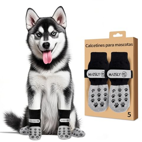 Maisly 5 piezas de calcetines para perros de doble cara con antideslizantes y correas ajustables para uso en interiores/exteriores – Protección de las patas y control de tracción en suelos de madera