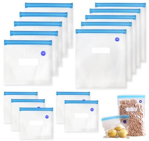 15 Pezzi Sacchetti Freezer Riutilizzabili con Valvola, 3 Dimensioni Cerniera e 4 Clip di Chiusura Sacchetti Riutilizzabili Senza BPA Per la Conservazione Degli Alimenti, Cottura Sottovuoto e Viaggio
