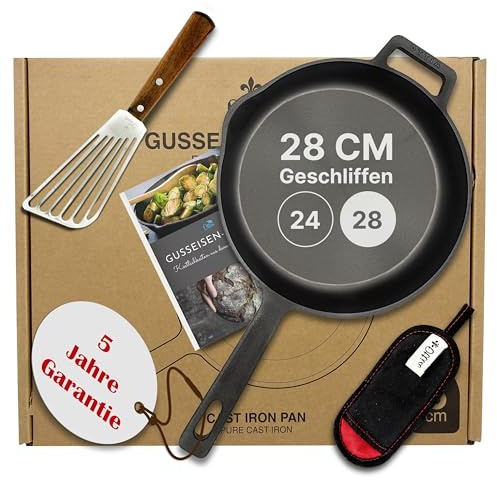 Ottia Gusseisenpfanne Induktion 28cm mit eKochbuch, Pfannenwender, Hitzeschutz - geschliffene Pfanne Gusseisen, Eisenpfanne, Cast Iron Pan, Gusspfanne, Gusseiserne Pfanne, Gusseisen-Pfanne, Gusspfanne