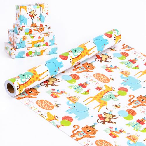 Papel de Regalo de Cumpleaños,15 m x 43 cm Rollo de Papel de Regalo,Patrón de Impresión de HAPPY BIRTHDAY,Juego de Papel de Regalo,Regalo de Baby Shower,Fiesta,Bricolaje (Cumpleaños de animales)