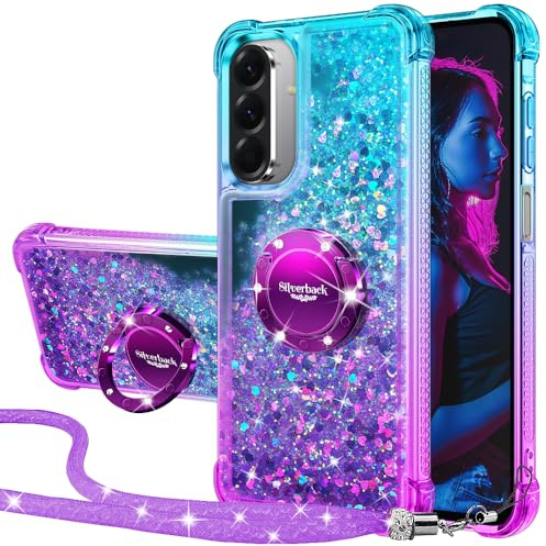 Silverback för Samsung A17 5G fodral, flytande holografiskt glittrande glitterfodral med stativ och snodd, kvinnor, flickor, bling diamantring, stötsäker, skyddande fodral för Samsung A17 5G – lila