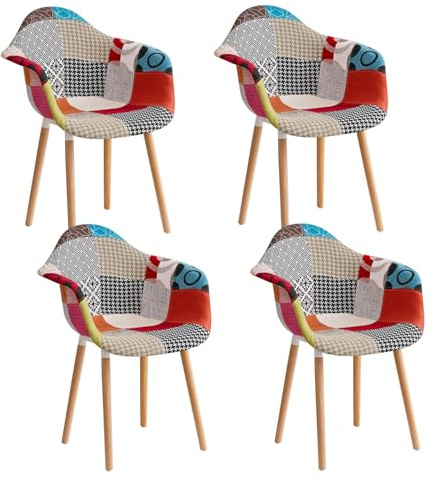 GrandCA HOME Juego de 4 Sillas de Comedor Modernas de Patchwork con Reposabrazos, Patas de Haya, Estilo Nórdico, para Cocina, Salón, Comedor y Dormitorio (Rojo)