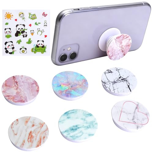 VOSSOT 6 stycken mobiltelefonhållare i marmor i gradient, 360° rotation mobiltelefonring, pop-uttag mobiltelefonhandtagshållare, utdragbar bas, med dekorativa panda klistermärken, mobiltelefonhandtag