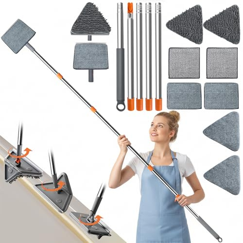 Shocanm 198cm Teleskop Fensterwischer, Profi Fensterputzer Set mit Abzieher,Langem Stiel Fensterreiniger mit Mikrofasertuch und Chenille Pad für Hohe Fenster Wände Glas Auto Bad Dusche Küche