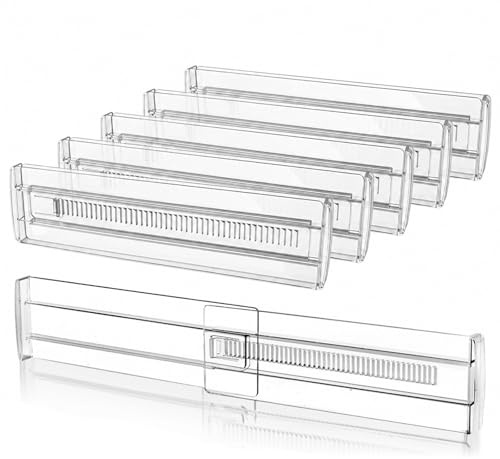 Duronge 6 Piezas Separadores de Cajones Ajustables, Transparentes Separador Cajones 28,5-50,5 cm, Divisores de Cajones, Organizador Extensible para Ropa, Cocina o Baño, Dormitorio, Oficina