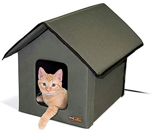 K&H Pet Products Heated Outdoor Cat House for Outside Pets in Winter, Weatherproof Outdoor House for Ferals, Insulated Kitty Shelter, 2 Doors, Waterproof Heated Cat Bed, Safety Listed - Olive/Olive
