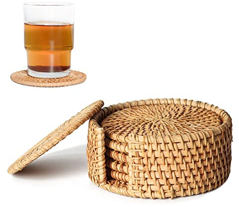 Ulable Set of 6 Rattan Weave Cup Mat Hand-Made Crafts Rattan Coasters Coasters for Drinks Home Decoration Holder for Kitchen Table Drinks (4 * 4 in)