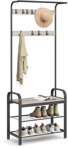 VASAGLE Coat Rack, Hall Tree with Shoe Bench for Entryway, Entryway Bench with Coat Rack, 4-in-1, with 9 Removable Hooks, a Hanging Rod, 13.3 x 28.3 x 72.1 Inches, Greige and Black UHSR40MB