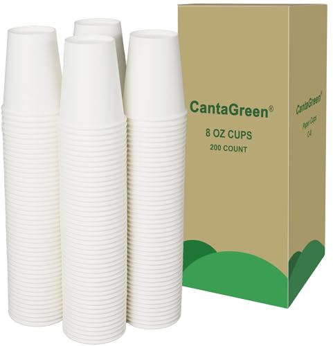 CantaGreen 200 Count 8 OZ Heavy-duty White Paper Coffee Cups, Disposable Hot and Cold Cup