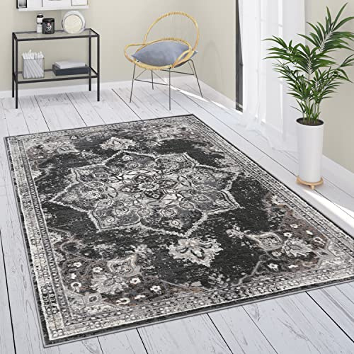 Paco Home Teppich Wohnzimmer Schlafzimmer Kurzflor Vintage Optik Orientalisch Moderne Ornamente Mandala Stil Bordüre, Grösse:80x150 cm, Farbe:Schwarz 2