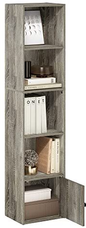 Furinno LUDER Book Shelf, 5-Tier Modern Bookshelf, Bookcase with 1 Door Storage Cabinet, 9.3 x 12 x 52, for Living Room, Bedroom, Home Office, French Oak