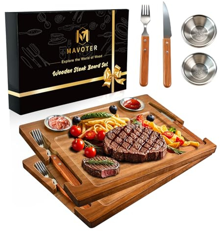 2 Set Acacia Wood Steak Plates Board with Knife Fork Ramekins,Knife-Friendly Food Serving Tray Deep Juice Groove Charcuterie Meat Cutting Boards for Dinner BBQ Party Restaurant & Housewarming Gifts