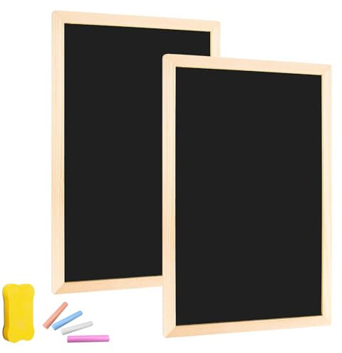 Kreidetafel mit Holzrahmen Set, 2 Stück 20 x 30cm Schiefertafel zum Beschriften mit 4 Kreiden und 1 Schwammradierer, Kreidetafel Klein für Buffet Hochzeit Party Schule