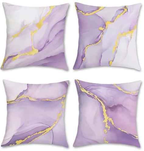 Bonhause Purple Gold Marble Cushion Covers 45 x 45 cm Modern Abstract Marble Texture Decorative Throw Pillow Covers Lilac Pillowcases for Sofa Bed Home Patio Decor Set of 4