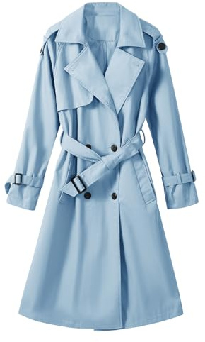 Tuopuda Gabardina para mujer Casual Abrigos con Cinturón Larga Gabardina mujer de Cuello Solapa Clásica Doble Botonadura Cortaviento Trench Chaqueta Primavera Otoño Abrigos(Azul,L)
