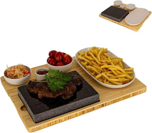CAWI Tabla para carne, tabla de servir de piedra volcánica, tabla de bambú con parrilla de piedra caliente, placa para carne, placa de piedra, juego de barbacoa de mesa