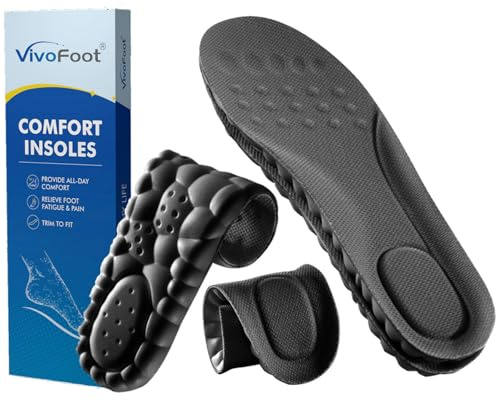 VivoFoot 2 Pair Memory Foam Shoe Insoles for Men & Women, 4D Cloud Cushion Support, Soft Comfort Inserts for Standing All Day Walking, Shock Absorption Trim to Fit (Men 7-11,Black)