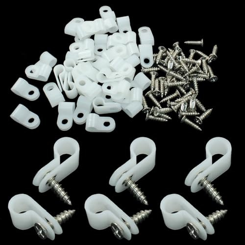 Hitefu 1/4 Inch R-Type Cable Clip Wire Clamp, 100 Packs, White