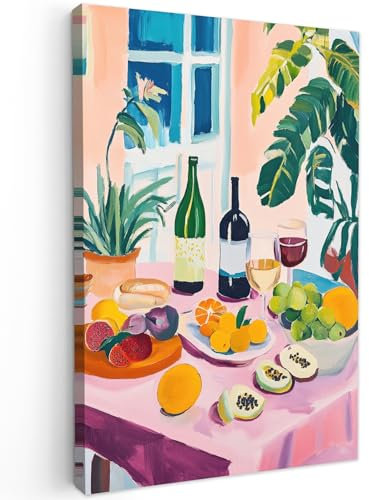 MuchoWow© Impression sur Toile Peinture 60x90 cm Tableau Mural Decoration Salon Reproductions de Tableaux Murale Moderne Table - Vin - Fruits